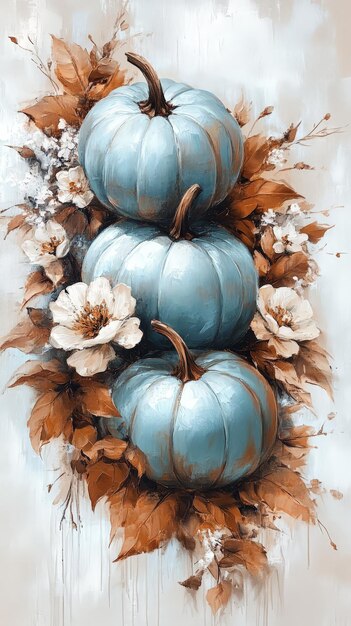 Photo watercolor white and blue pumpkins with delicate leaves and flowers