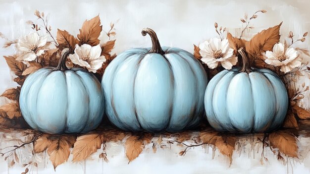 Photo watercolor white and blue pumpkins with delicate leaves and flowers