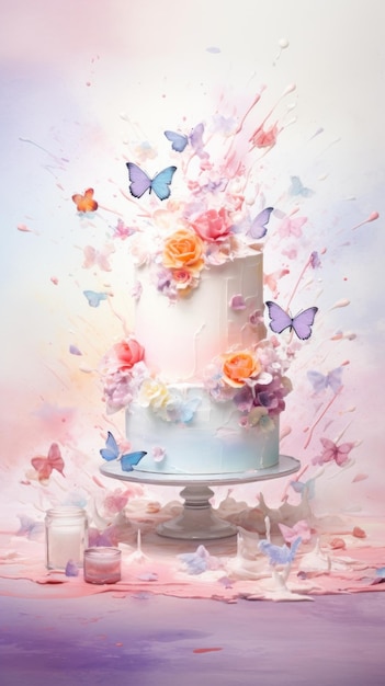 Watercolor white cake with colorful flowers surrounded by butterflies and color splashes Ideal for event promotions or culinary arts showcases Vertical format