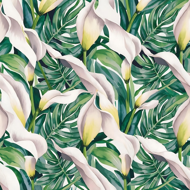 Photo watercolor white callas flowers and green tropical leaves seamless pattern hand painted on a white background