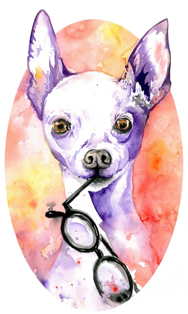 Watercolor white doggy with glasses in its jaws. Dog with purple peaky ears. 