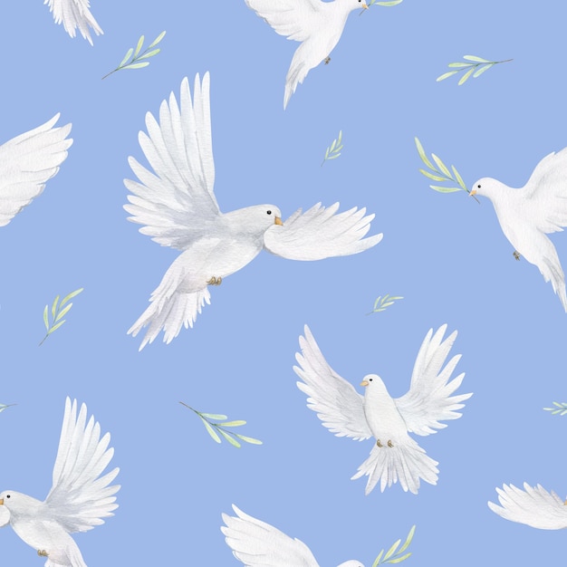 Watercolor white dove and olive branches seamless pattern Hand drawn illustration