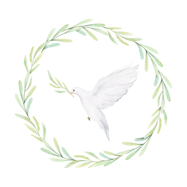 Photo watercolor white dove and olive branches white birds in laurel wreath pigeon clip art hand drawn