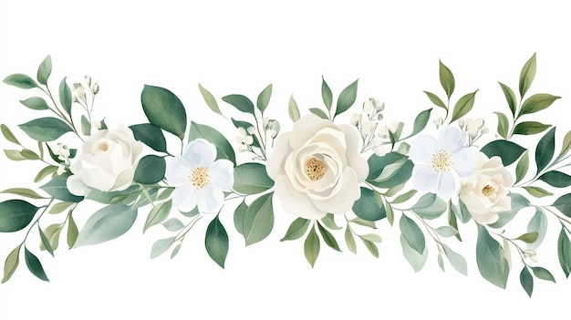 Photo watercolor white floral border with green greenery