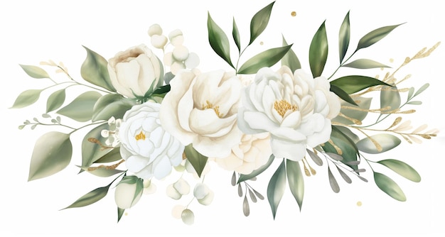 Watercolor White Flowers set of floral illustration bouquet white rose peony green and gold leaf branches collection