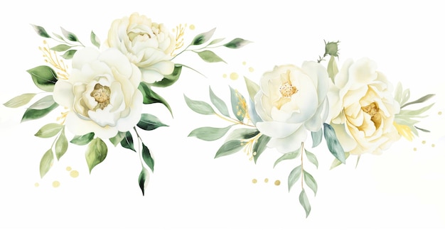 Watercolor White Flowers set of floral illustration bouquet white rose peony green and gold leaf branches collection