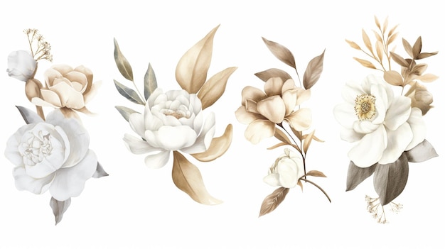 Watercolor White Flowers set of floral illustration bouquet white rose peony green and gold leaf