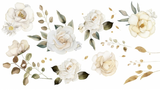 Watercolor White Flowers set of floral illustration bouquet white rose peony green and gold leaf