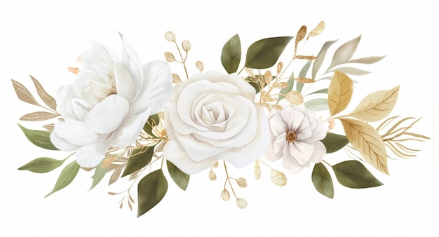 Watercolor White Flowers set of floral illustration bouquet white rose peony green and gold leaf