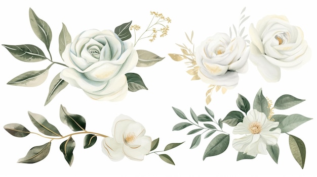 Watercolor White Flowers set of floral illustration bouquet white rose peony green and gold leaf