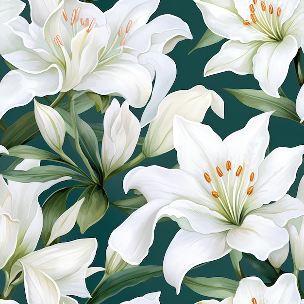 Watercolor White Lily Seamless Pattern Tile