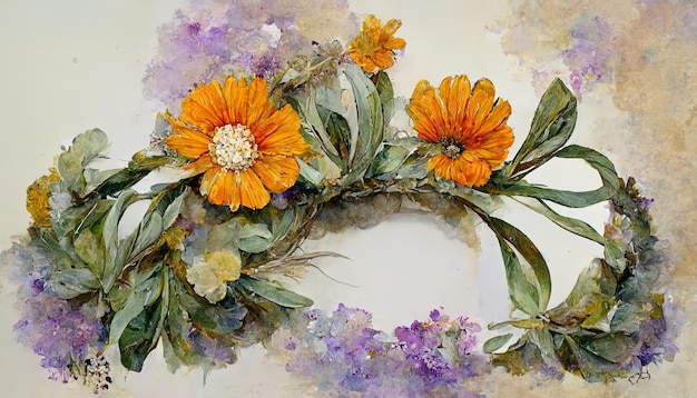 Watercolor wild flower seamless border Repeating pattern Daisy calendula lavender eucalyptus branches and leaves garland Generative Ai