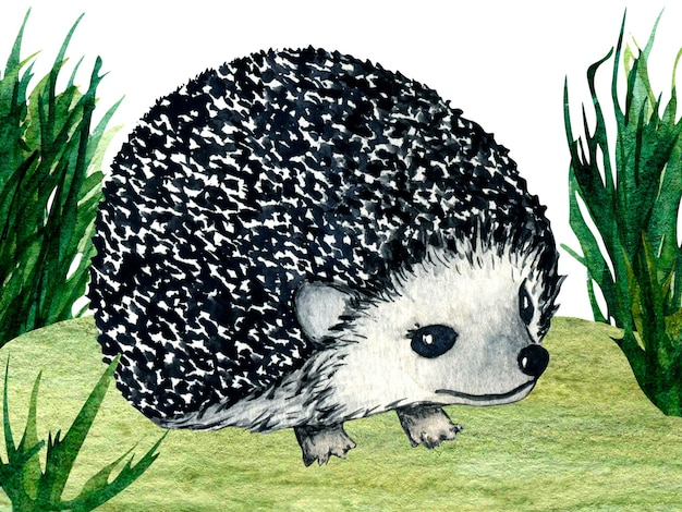 Watercolor wild forest animals hedgehog on forest lawn scene Nature illustration for kids design