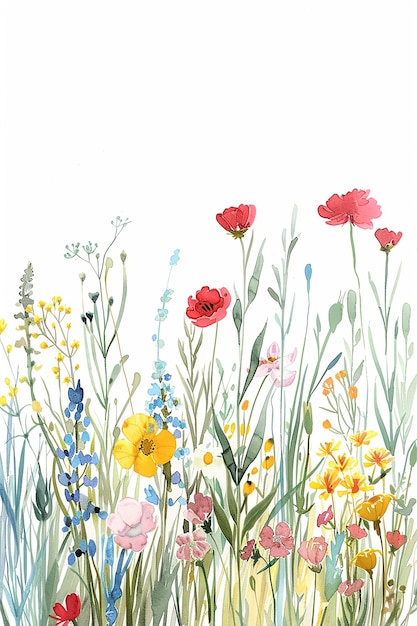 Photo watercolor wildflower field soft and dreamy white background