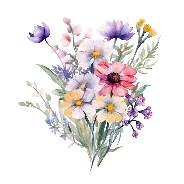 Watercolor wildflowers bouquet isolated on white background