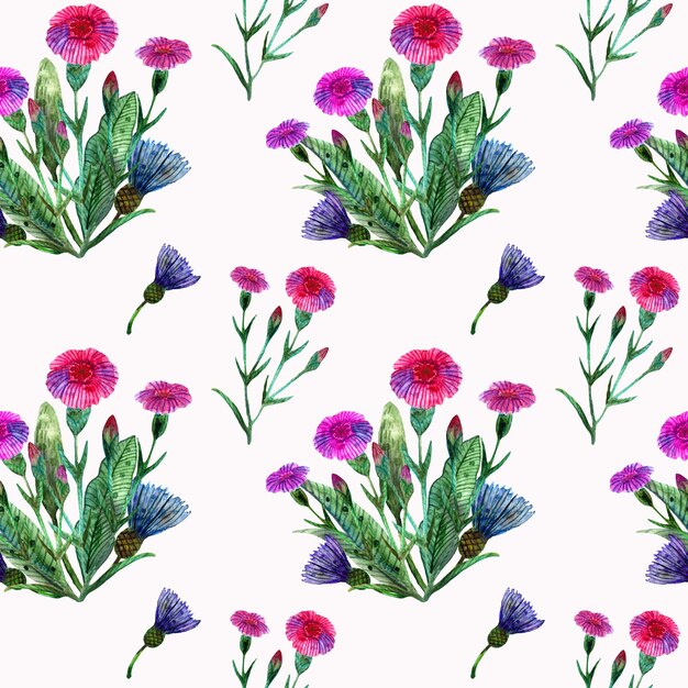 Watercolor wildflowers Seamless pattern with a bouquet of pink carnations and blue cornflowers