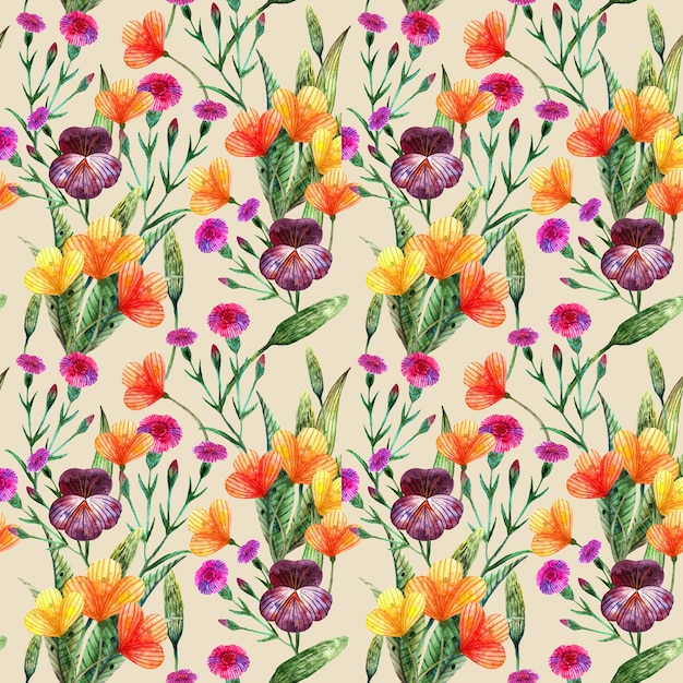 Watercolor wildflowers Seamless pattern with lots of meadow flowers on beige