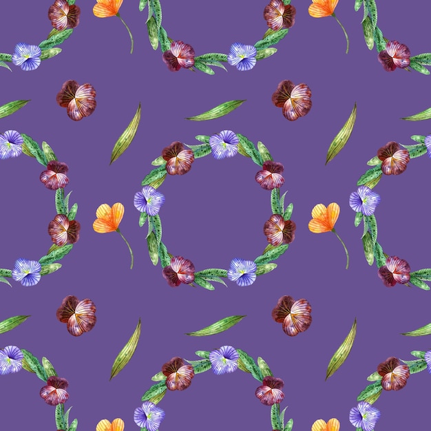 Watercolor wildflowers Seamless pattern with wreaths of pansies and orange flowers on a blue