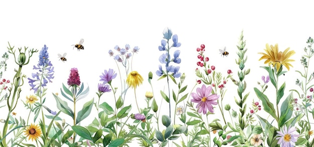 Photo watercolor wildflowers with bees