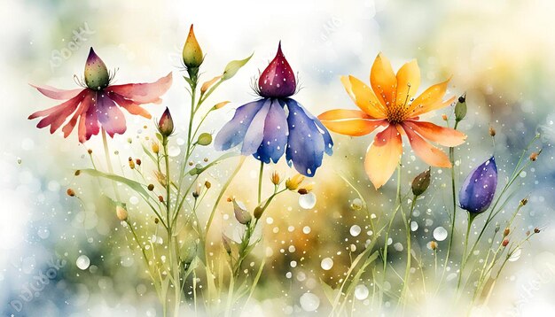 Photo watercolor wildflowers with dewdrops