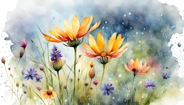 Photo watercolor wildflowers with gentle rain