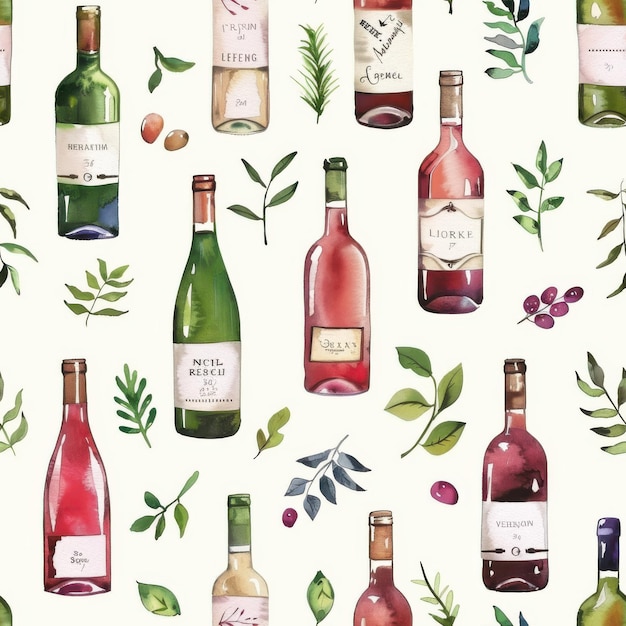 Watercolor Wine Bottle Pattern With Green Foliage