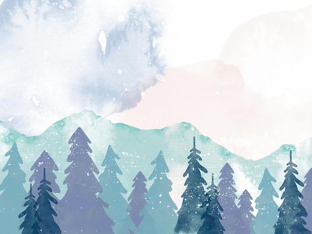 Watercolor winter background with mountain landscape and trees Winter forest landscape