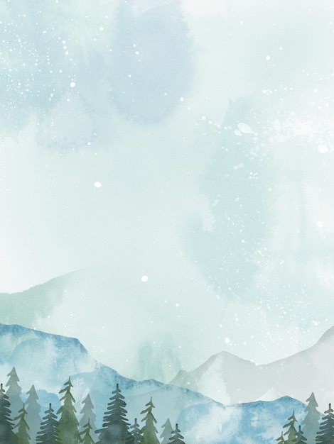 Watercolor winter background with mountain landscape and trees Winter forest landscape