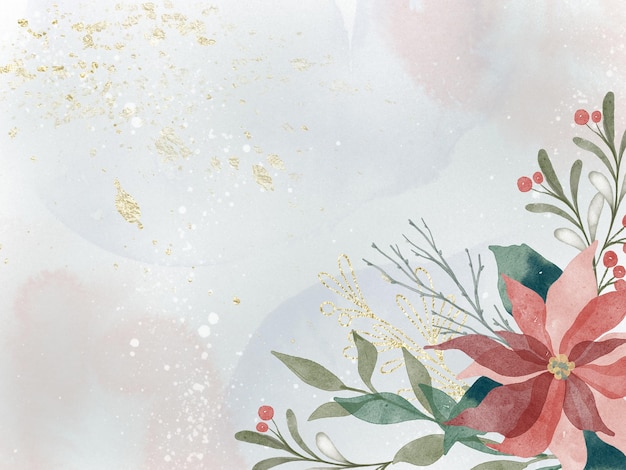 Watercolor winter background with plants branches berries and splashes Christmas premade scene