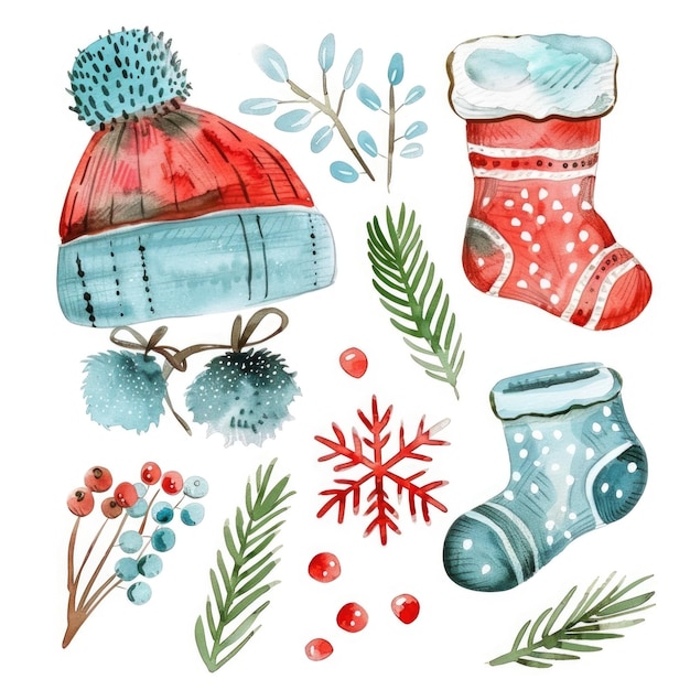 Watercolor Winter Elements Hat Holly and Berries for Festive Designs