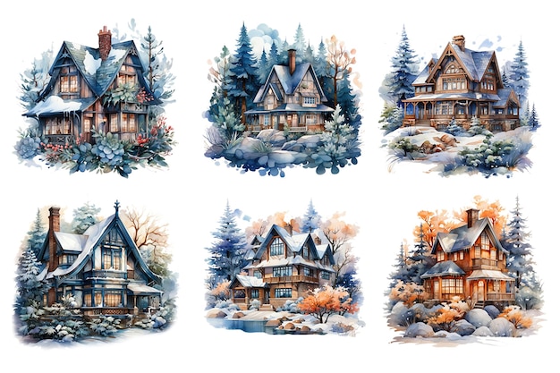 Watercolor Winter House with pine forest Snowy Winter Cozy Fairy House Set