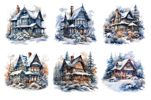 Watercolor Winter House with pine forest Snowy Winter Cozy Fairy House Set