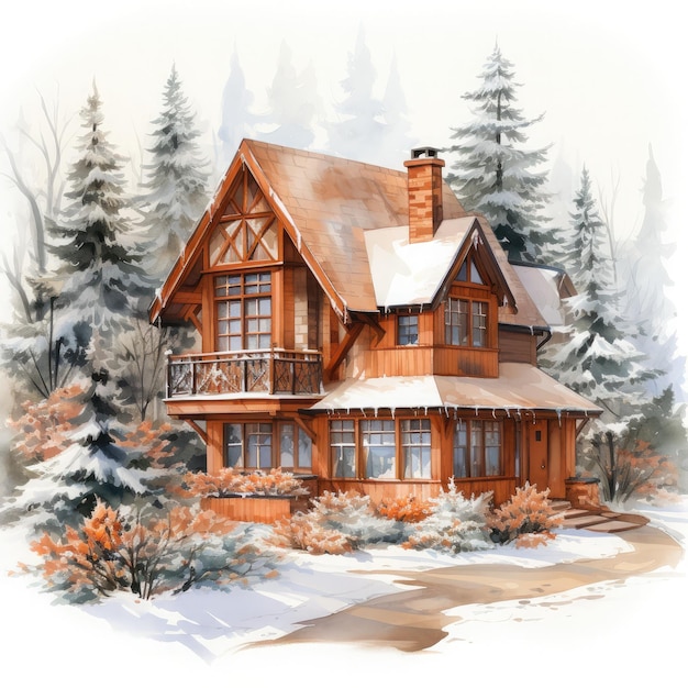 Watercolor Winter House with pine tree forest Cozy Snowy Winter Fairy House on white background