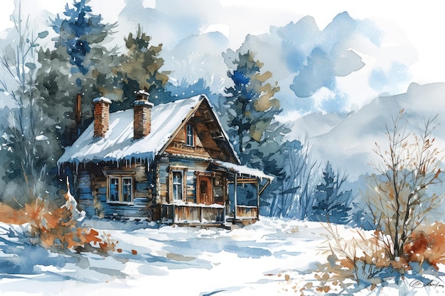 Watercolor Winter House with pine tree forest Cozy Snowy Winter Fairy House on white background