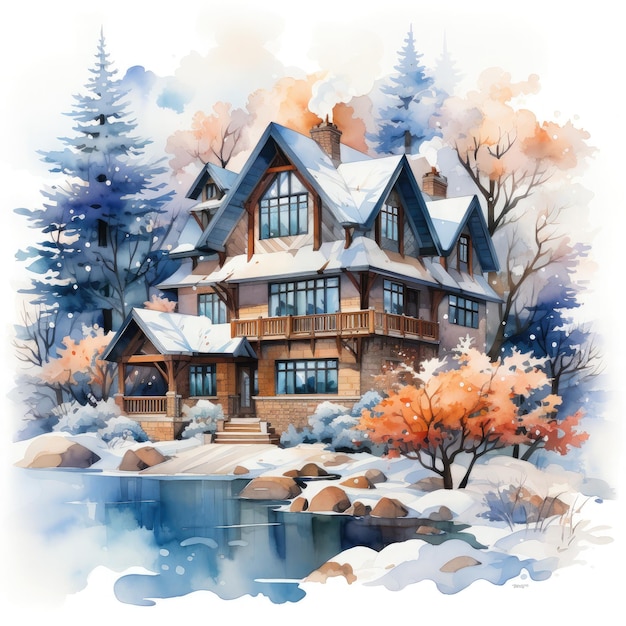 Watercolor Winter House with pine tree forest Cozy Snowy Winter Fairy House on white background