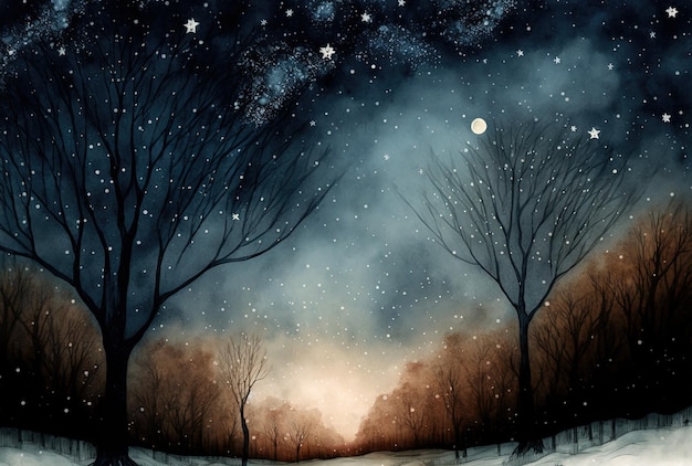 Watercolor winter landscape painting Forest on a starry night