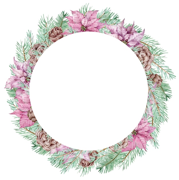 Watercolor winter pine branch wreath with poinsettia flowers and pine cones. Christmas circle frame