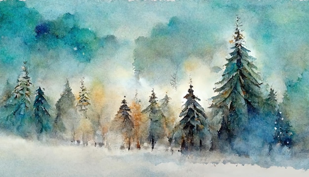 Watercolor winter pine tree forest background Hand painted snowy conifer spruce trees illustration Generative Ai