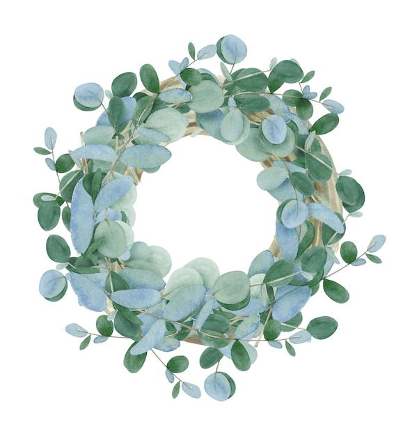 Watercolor winter wreath with hand drawn eucalyptus leaves