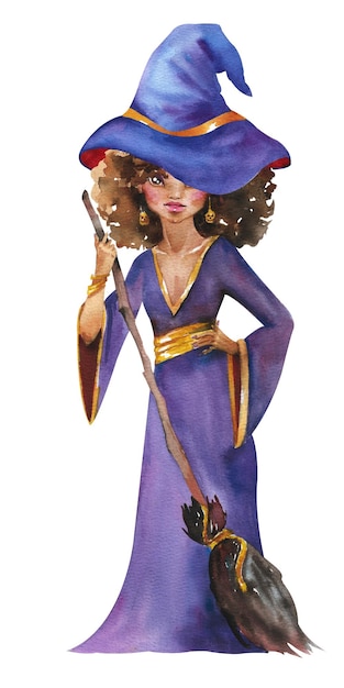 Watercolor witch A brownhaired witch in a purple suit with a broom and a hat on a white background