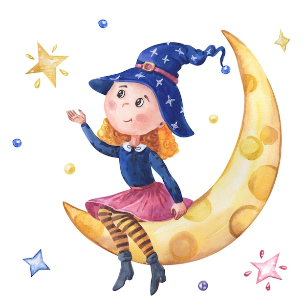 Watercolor witch sitting on crescent Illustration for Halloween holiday with yellow moon