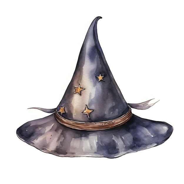 Watercolor of Witch39s Hat with Buckle and Celestial Design