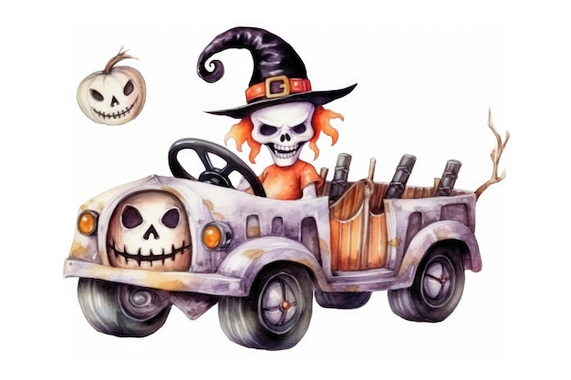 Watercolor with a halloween theme a skeleton driving a car Generative AI