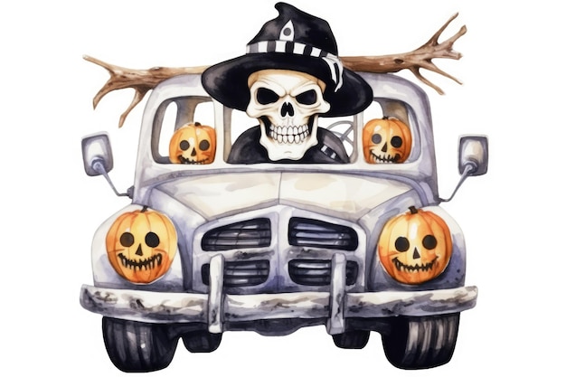 Watercolor with a halloween theme a skeleton driving a car Generative AI