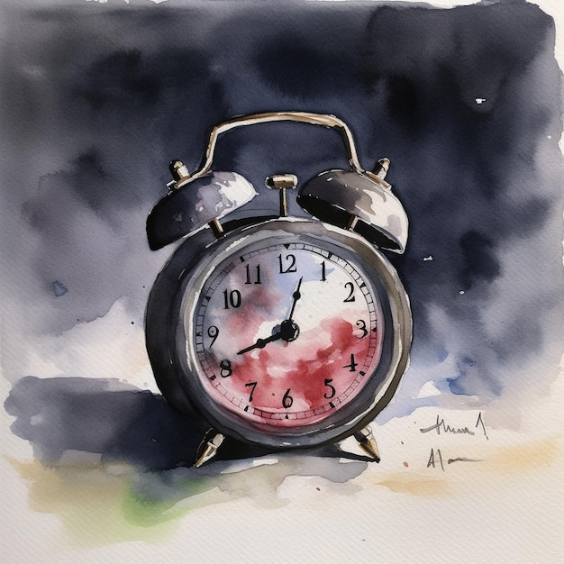 Watercolor with an image of an alarm clock