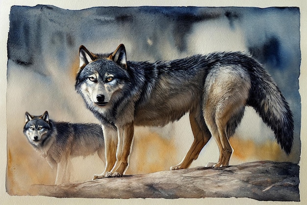 Watercolor of a wolf animal hand draw watercolor