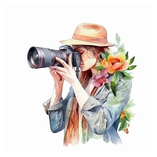 a watercolor woman photographer with flowers on white background