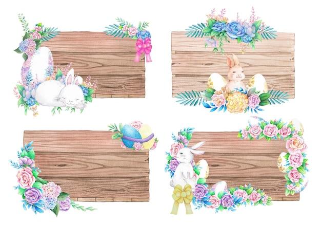 Watercolor wooden signboards with spring easter decoration Watercolor illustrations