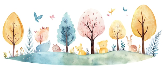 Photo watercolor woodland animals and trees landscape