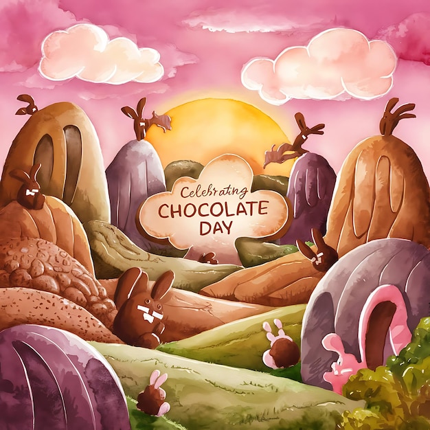 Photo watercolor world chocolate day background with chocolate stone hill design